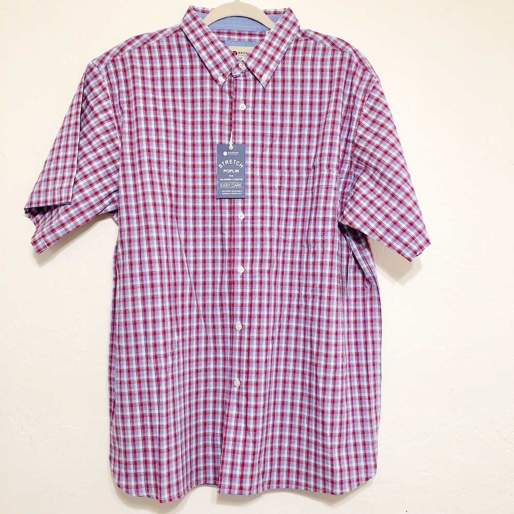 Haggar Men’s Short Sleeve Shirt Red And Blue Plaid